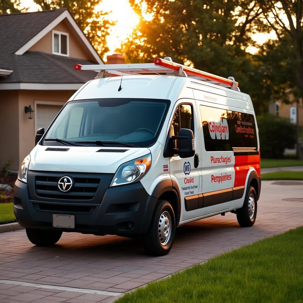 Plumbing service van parked at a customer's home